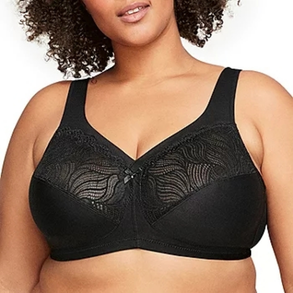 Glamorise Full Coverage Wireless Bra 1010 Black Lace Detail Sz 50DD